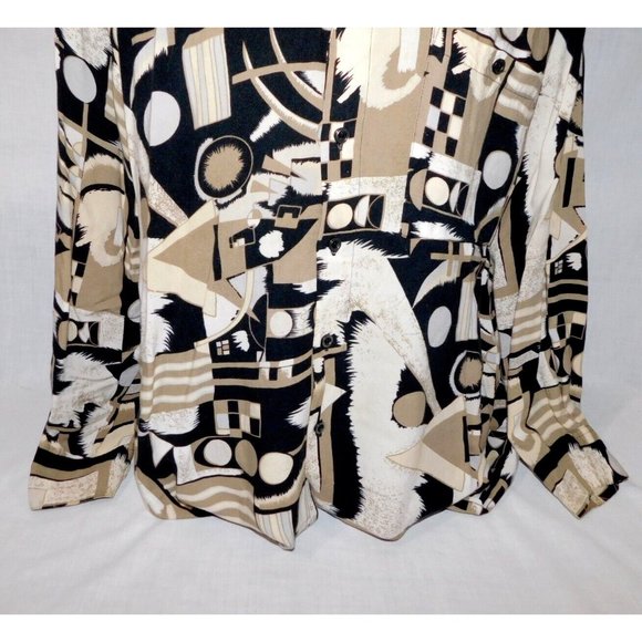 VTG Natural Issue By Feldini Men L Tan Black Geometric Shapes rayon Button Shirt - Picture 6 of 11